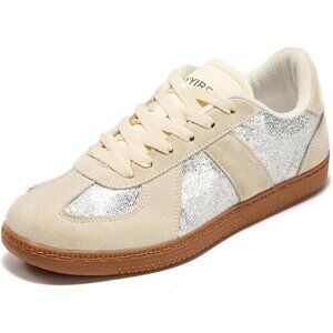 Women’s Tan Glitter Sparkly Fashion Trainers Gum Sole Cushioned Insole Sneakers